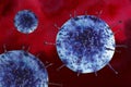 Hand drawn watercolor virus illustration: coronavirus 2019-nCoV. Blue stains with spiky processes on red background Royalty Free Stock Photo