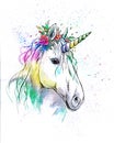 Hand drawn watercolor white unicorn head sketch Royalty Free Stock Photo