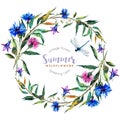 Hand drawn watercolor wildflower wreath