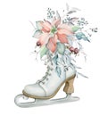 Watercolor Vintage Ice Skate with Poinsettia bouquet