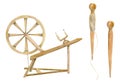 Hand drawn watercolor wooden spinning wheel and spindle for hobby, handmade fabric thread. llustration isolated object