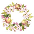 Hand-drawn watercolor wreath of flowers of apples and leaves illustration. Watercolor botanical illustration isolated on