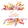 Hand drawn watercolor wreath of forest leaves, flowers, berries. Black friday discount. Autumn abstract branches. Mapple