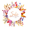 Hand drawn watercolor wreath of forest leaves, flowers, berries. Black friday discount. Autumn abstract branches. Mapple