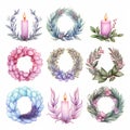 Hand Drawn Watercolor Wreaths With Candles - Detailed Nature Depictions