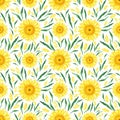 Hand drawn watercolor yellow sunflower seamless pattern isolated on white background. Can be used for Gift-wrapping, textile,