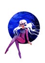 Hand drawn watercolor young girl on a background of a blue planet with stars. Royalty Free Stock Photo