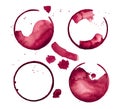 Watercolor set of round red wine traces with artistic stains, marks, washes and drops. Royalty Free Stock Photo