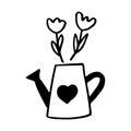 Hand drawn watering can with flowers. Doodle sketch style. Drawing line simple watering can icon. Isolated vector Royalty Free Stock Photo