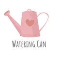 Hand drawn Watering can vector icon in flat cartoons style. Pink Gardening watering pot with heart Royalty Free Stock Photo