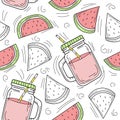 Hand drawn watermelon lemonade in a glass jar. Vector seamless pattern Royalty Free Stock Photo