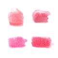 Set of pink blurry watercolour stains isolated on a white background. Hand drawn watery brush strokes.