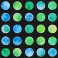 Hand drawn watrcolor circles of blue, green and yellow colors pattern