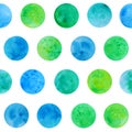 Hand drawn watrcolor circles of blue, green and yellow colors pattern