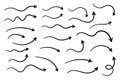 Hand drawn wavy arrows. Set of different pointers. Arrow on isolated white background. Black and white illustration