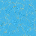 Hand drawn wavy lines seamless pattern. Blue background with line art waves, abstract shapes. Modern Deco waves ornaments.