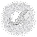 Hand drawn whale in the waves for anti stress Coloring Page