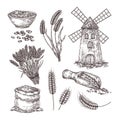 Hand drawn wheat. Sketch bag of grains, windmill, ear spikes and seed. Cereals vintage style vector illustration set