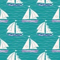 Hand drawn white and blue textured sail boats on striped doodle wave turquoise background. Seamless vector pattern