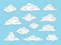 Hand drawn white clouds. Isolated doodle cloud, vintage engraving sky elements. Weather heaven collection, art