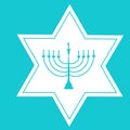 Hand Drawn White David Star Blue Menorah Candle Holder Silhouette. Jewish Hanukkah Holiday Greeting Card Poster Invitation