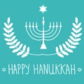 HHand Drawn White David Star Menorah Candle Holder Silhouette on Blue Background. Laurel Wreath. Happy Hanukkah Hand Lettering Royalty Free Stock Photo