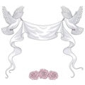 Hand Drawn White Doves, Ribbon and Roses Royalty Free Stock Photo