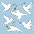 Hand drawn white doves stickers collection. Symbols of peace beautiful set.