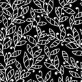 Hand drawn white leaf with simple decor on black background. Seamless doodle floral pattern. Royalty Free Stock Photo