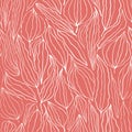 Hand drawn white line art leaves on coral pink background. Modern seamless vector pattern. Great for wellbeing, yoga