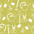 Hand drawn white line art terrarium gardening tools on floral succulent and cacti background in springy yellow green tones.