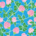 Hand drawn white lines and color seamless vector floral pattern. Bright pink clover flowers with green leaves on sky