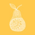 hand drawn white outline pear on yellow background. Ornament of curve lines.