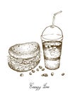 Hand Drawn of Whole Grain Bread Sandwich with Iced Coffee Royalty Free Stock Photo