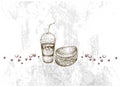 Hand Drawn of Whole Grain Bread Sandwich with Iced Coffee Royalty Free Stock Photo