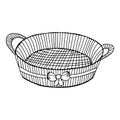 Hand-drawn wicker basket isolated on a white background.Oval with a bow basket for a picnic, for collecting mushrooms and berries