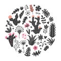 Hand drawn wild cactus flowers, tropical succulent plants circle print