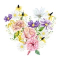 Hand drawn wild floral summer love composition with white wildflowers, garden pink and purple meadow flowers