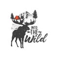 Hand drawn wilderness badge with mountain landscape and inspiring lettering