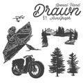 Hand drawn wilderness badge with mountain landscape and inspiring lettering