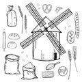 Windmills and wheat flour. Vector illustration