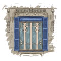 Hand drawn window. Vintage artistic architecture window with blue shutters