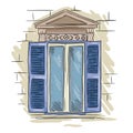 Hand drawn window. Vintage artistic architecture window with blue shutters