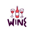 Hand drawn wine bottle and two glass logo. Royalty Free Stock Photo