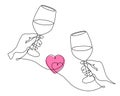 Hand drawn wine clinking glasses one line art,continuous drawing contour.Cheers toast festive decoration for holidays,romantic