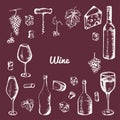 Hand drawn wine elements. Set of vector icons: bottle, cheese, grapes, wineglass and etc Royalty Free Stock Photo