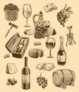 Hand drawn wine set. Engraving images of bottle and wineglasses, bunch of grapes and sliced cheese, corkscrew and wooden Royalty Free Stock Photo