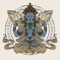 Hand-drawn winged Buddha meditating in lotus pose
