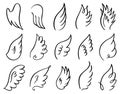 Hand drawn wings. Doodle sketch angel flight feather, angels or birds elegant wings spread, winged angel elements vector Royalty Free Stock Photo