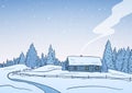 Hand drawn winter landscape with small house in pine forest. Christmas postcard. Royalty Free Stock Photo